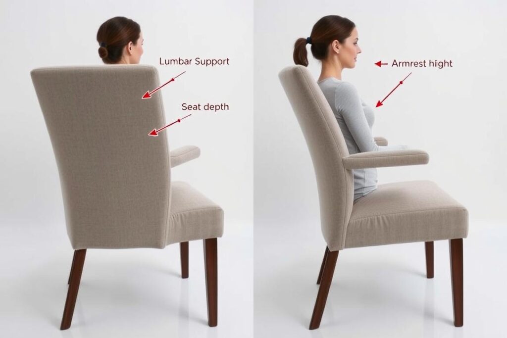 Ergonomische zachte eetkamerstoel met aanduiding van de belangrijkste comfortpunten