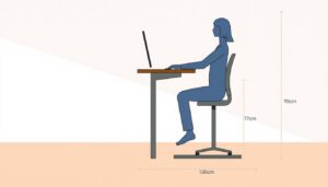 Ergonomische zithouding aan een tafel van 77 cm hoogte met juiste kniehoek en rechte rug