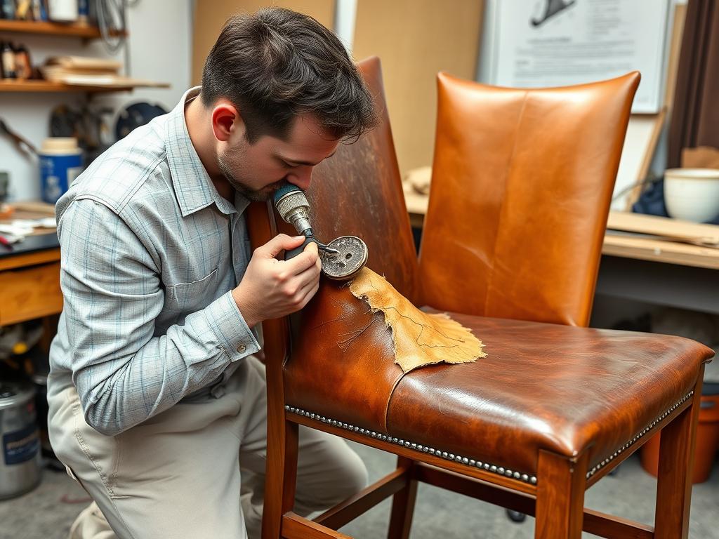 Ernstig bladderende leren eetkamerstoel wordt professioneel gerepareerd Ernstig bladderende leren eetkamerstoel wordt professioneel gerepareerd