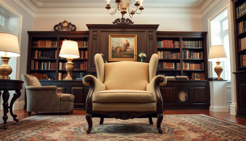 Fauteuil in een klassieke woonkamer setting Fauteuil in een klassieke woonkamer setting