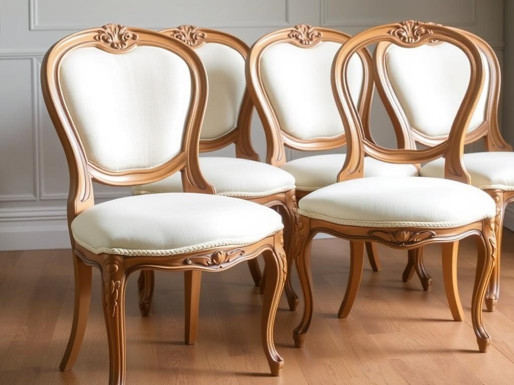 Franse landelijke houten eetkamerstoelen met elegante details en lichte stoffering