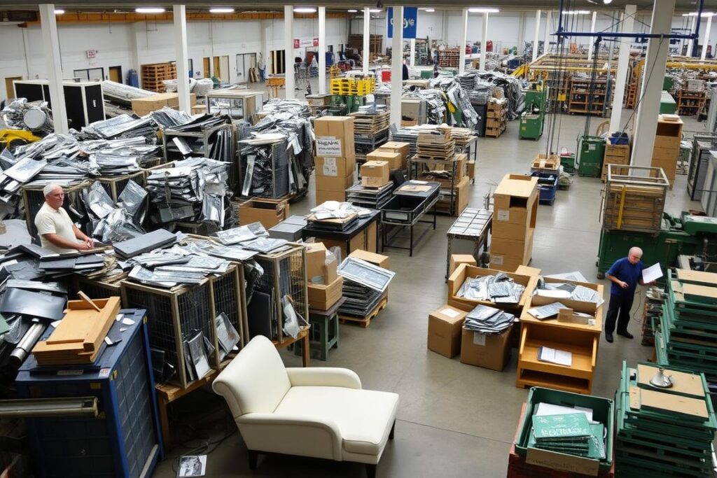 Gerecyclede materialen worden verwerkt voor gebruik in Crate and Barrel meubels Gerecyclede materialen worden verwerkt voor gebruik in Crate and Barrel meubels