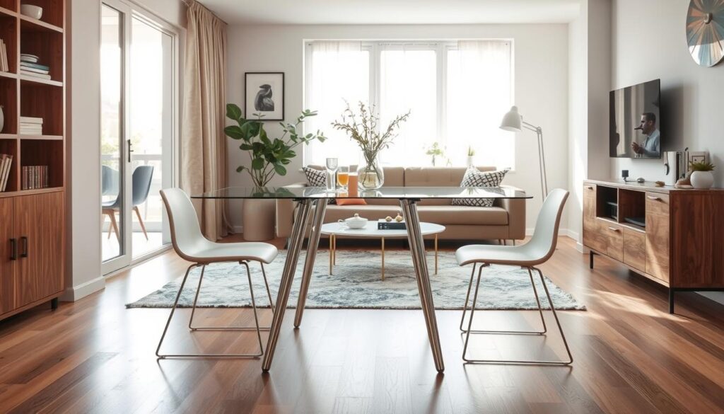 Glazen eettafel met slanke metalen poten in kleine woonkamer Glazen eettafel met slanke metalen poten in kleine woonkamer