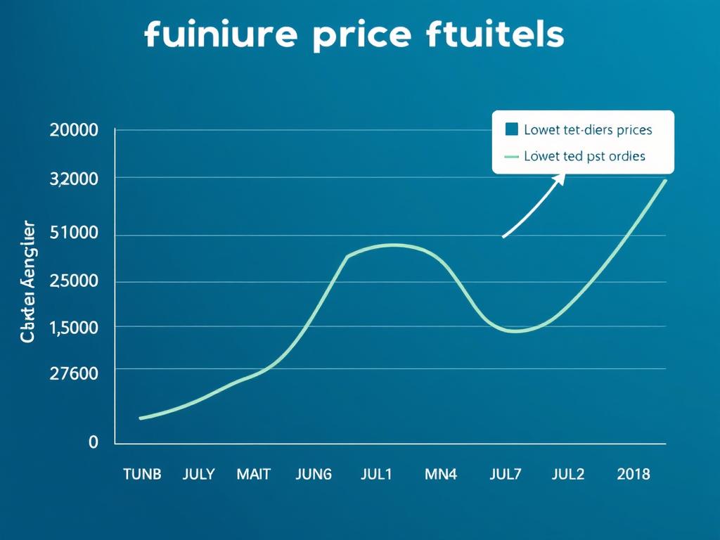 Grafiek die prijsfluctuaties van meubels toont gedurende het jaar, met de goedkoopste maand meubels kopen duidelijk aangegeven Grafiek die prijsfluctuaties van meubels toont gedurende het jaar, met de goedkoopste maand meubels kopen duidelijk aangegeven