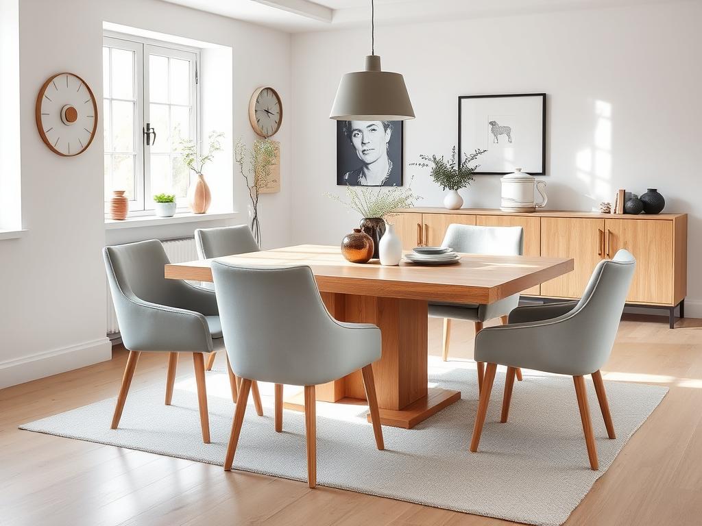 Grijze velvet eetkamerstoelen rond een eikenhouten tafel in een Scandinavisch interieur
