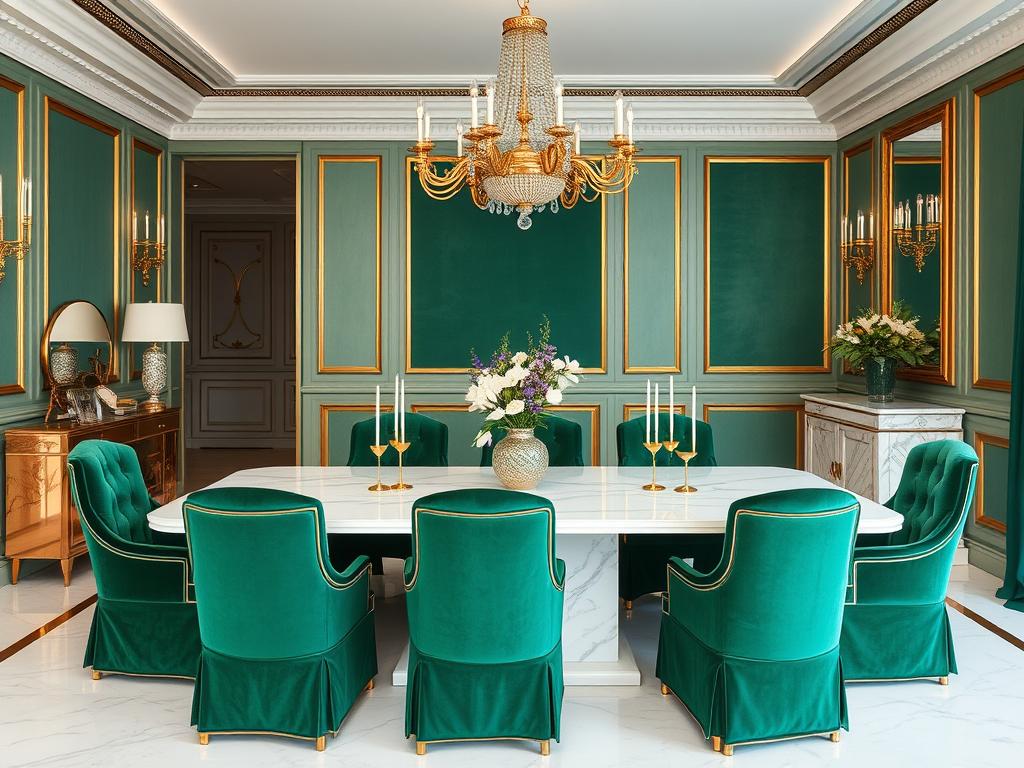 Groene bouclé eetkamerstoelen met een marmeren tafel in een luxe interieur