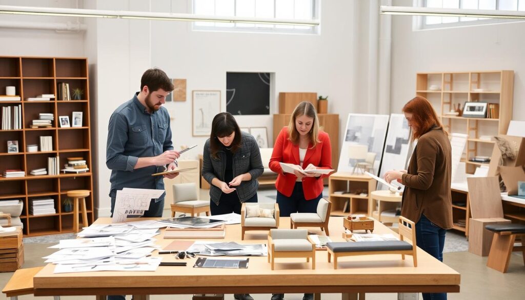 Het interne ontwerpteam van Crate and Barrel werkt aan nieuwe meubelontwerpen Het interne ontwerpteam van Crate and Barrel werkt aan nieuwe meubelontwerpen