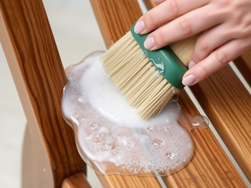 Het reinigen van een teakhouten stoel met een zachte borstel en zeepwater Het reinigen van een teakhouten stoel met een zachte borstel en zeepwater