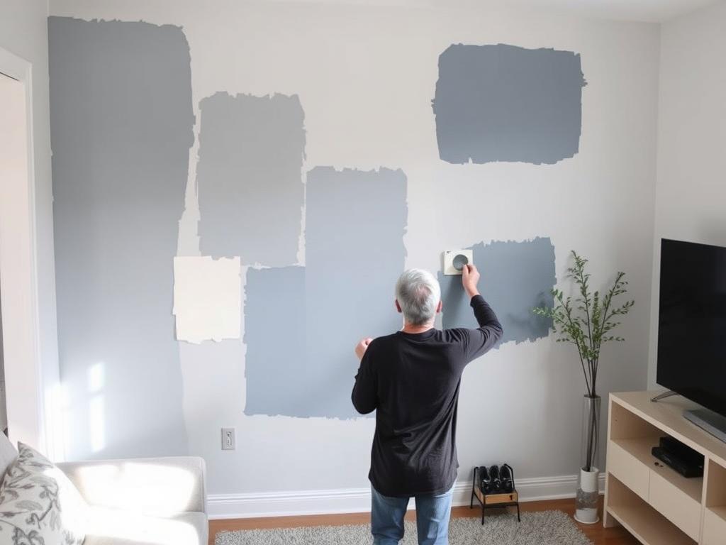 Het testen van verfkleuren op de muur van een kleine woonkamer Het testen van verfkleuren op de muur van een kleine woonkamer
