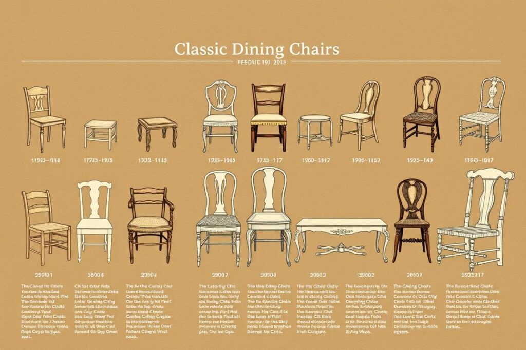 Historische tekening van klassieke eetkamerstoelen uit verschillende tijdperken Historische tekening van klassieke eetkamerstoelen uit verschillende tijdperken