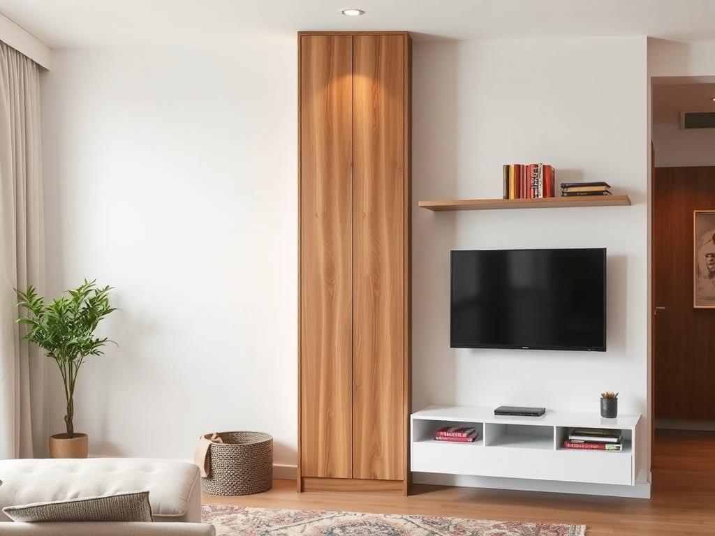 Hoge smalle kast en zwevend tv-meubel voor optimale opbergruimte Hoge smalle kast en zwevend tv-meubel voor optimale opbergruimte