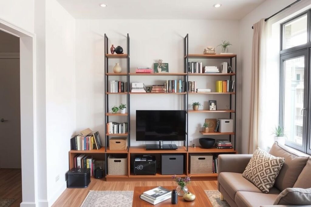 Hoge wandkast en zwevende planken in een kleine woonkamer die de verticale ruimte benutten Hoge wandkast en zwevende planken in een kleine woonkamer die de verticale ruimte benutten