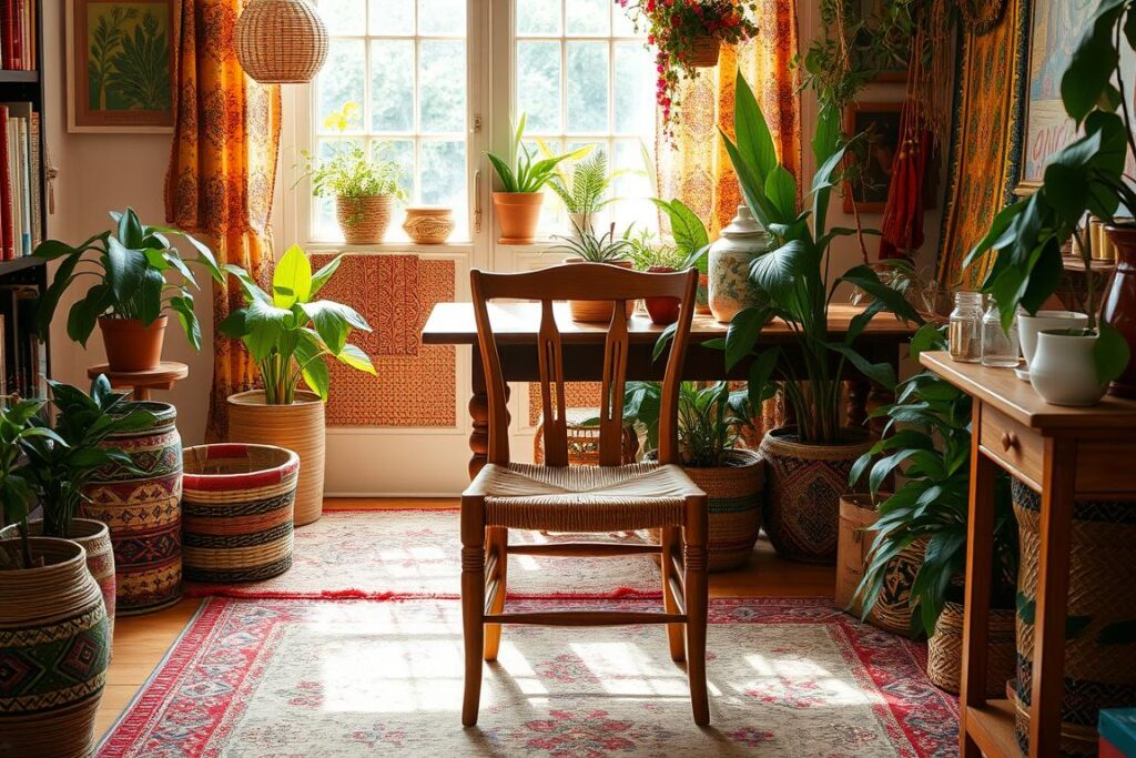 Houten eetkamerstoel met rieten zitting in Bohemien interieur Houten eetkamerstoel met rieten zitting in Bohemien interieur