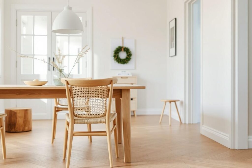 Houten eetkamerstoel met rieten zitting in Scandinavisch interieur Houten eetkamerstoel met rieten zitting in Scandinavisch interieur