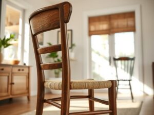 Houten eetkamerstoel met rieten zitting in een lichte eetkamer