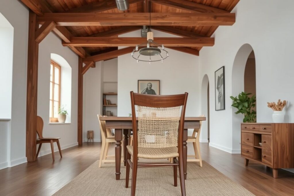 Houten eetkamerstoel met rieten zitting in modern-rustiek interieur Houten eetkamerstoel met rieten zitting in modern-rustiek interieur