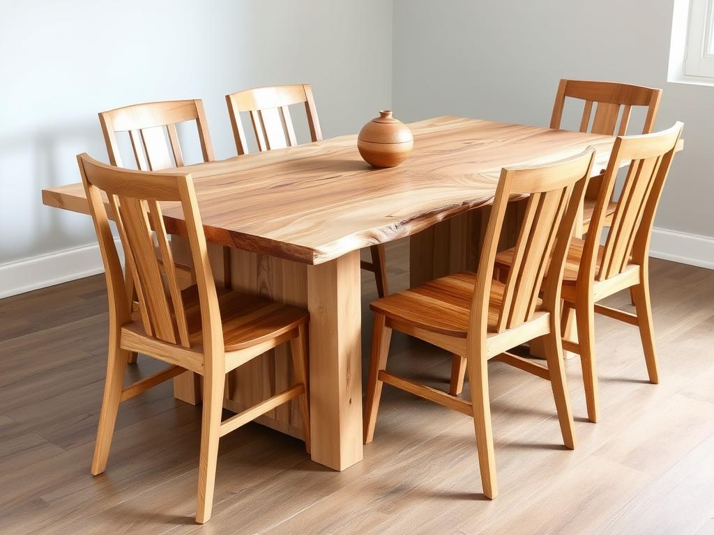 Houten eetkamerstoelen in dezelfde tint als een lichte boomstamtafel