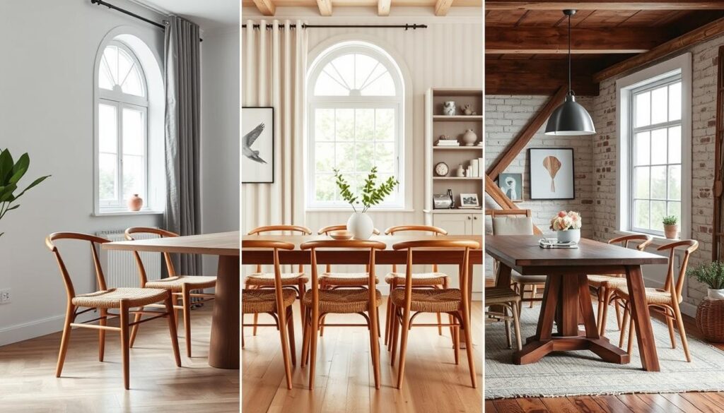 Houten eetkamerstoelen met rieten zitting in verschillende interieurstijlen Houten eetkamerstoelen met rieten zitting in verschillende interieurstijlen