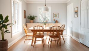 Houten eetkamerstoelen met spijlen in een lichte eetkamer