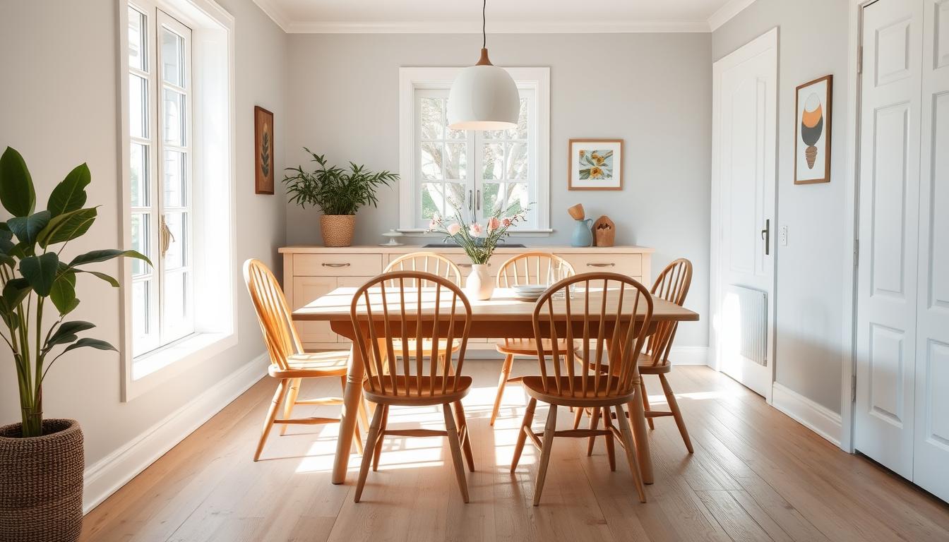 Houten eetkamerstoelen met spijlen in een lichte eetkamer