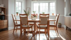 Houten eetkamerstoelen met stoffen zitting in een lichte eetkamer