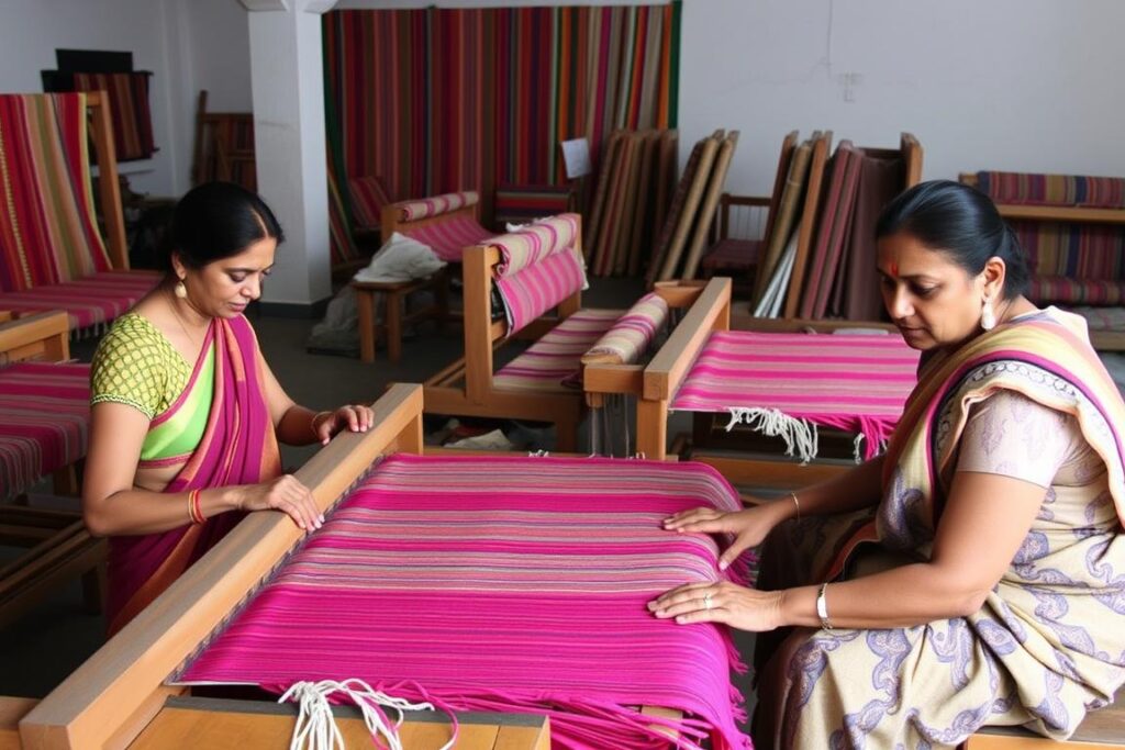 Indiase textielambachtslieden die handgeweven stoffen maken voor Crate and Barrel meubels Indiase textielambachtslieden die handgeweven stoffen maken voor Crate and Barrel meubels