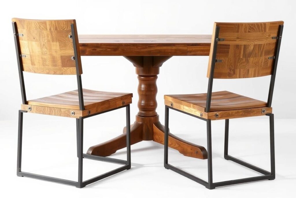 Industrieel-landelijke houten eetkamerstoelen met metalen elementen