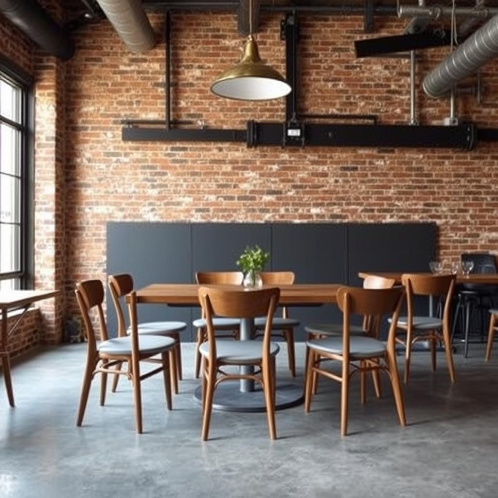 Industriële eetkamer met houten stoelen en stoffen zitting Industriële eetkamer met houten stoelen en stoffen zitting