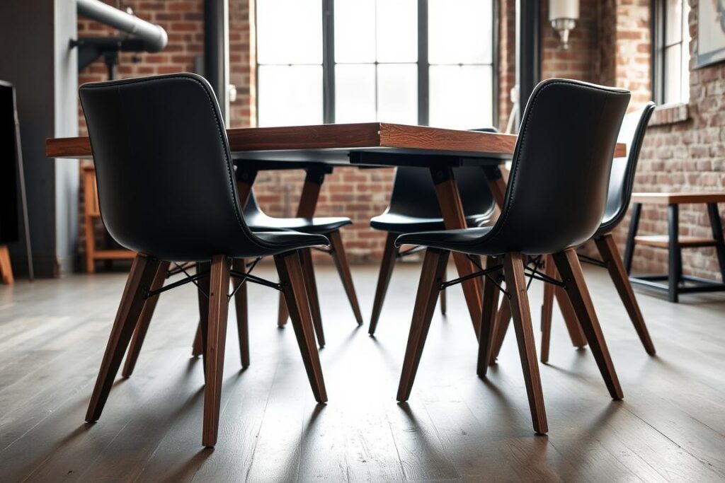 Industriële eetkamerstoelen met houten poten gecombineerd met metaal Industriële eetkamerstoelen met houten poten gecombineerd met metaal