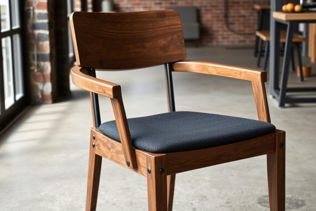 Industriële houten eetkamerstoel met stoffen zitting Industriële houten eetkamerstoel met stoffen zitting