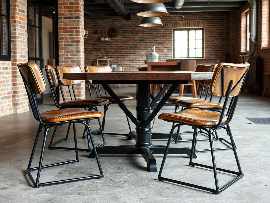 Industriële stoere eetkamerstoelen met metalen frame en leren zitting