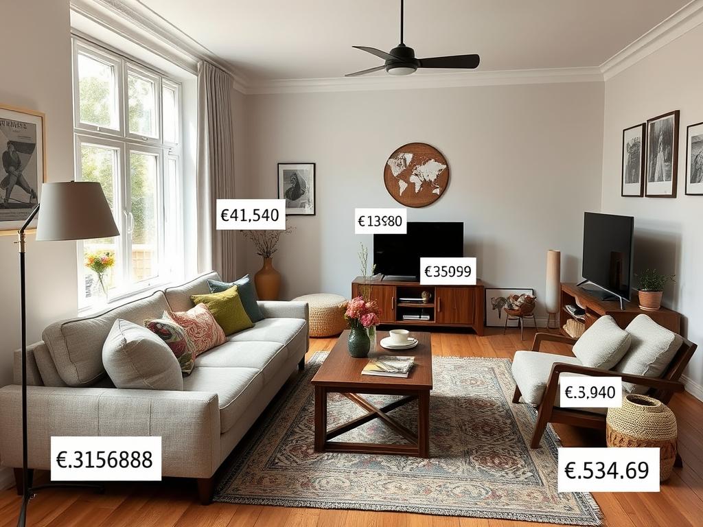 Ingerichte woonkamer met prijskaartjes voor kosten inrichting huis Ingerichte woonkamer met prijskaartjes voor kosten inrichting huis