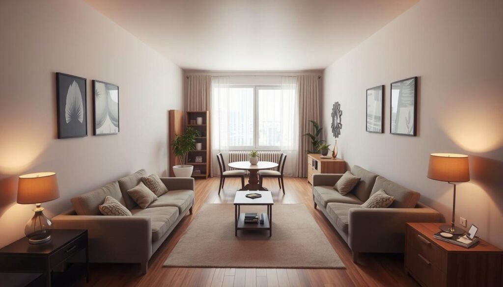 Inrichting van een langwerpige kleine woonkamer met meubels Inrichting van een langwerpige kleine woonkamer met meubels