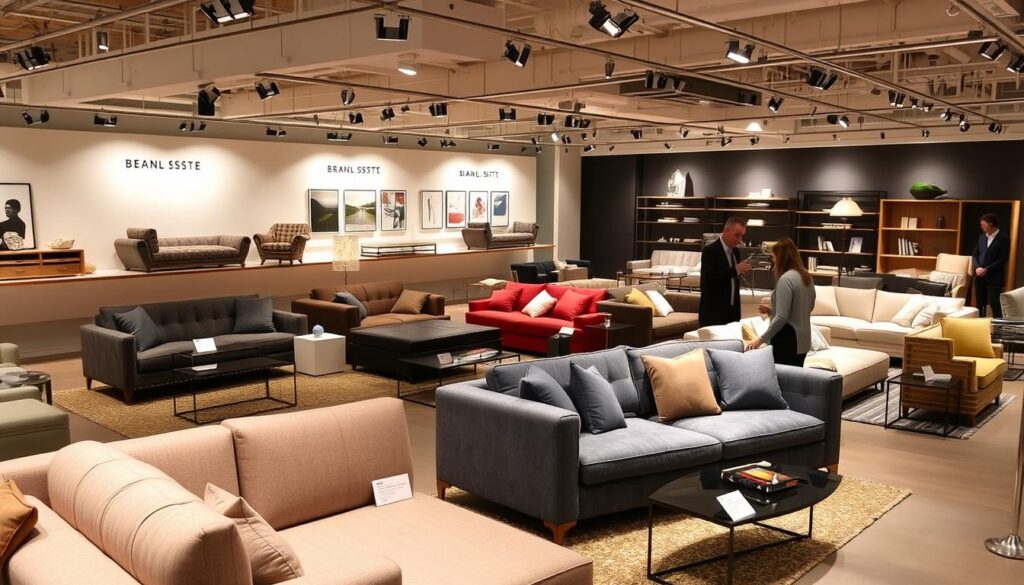 Interieur met verschillende Nederlandse merken bankstellen in een showroom Interieur met verschillende Nederlandse merken bankstellen in een showroom