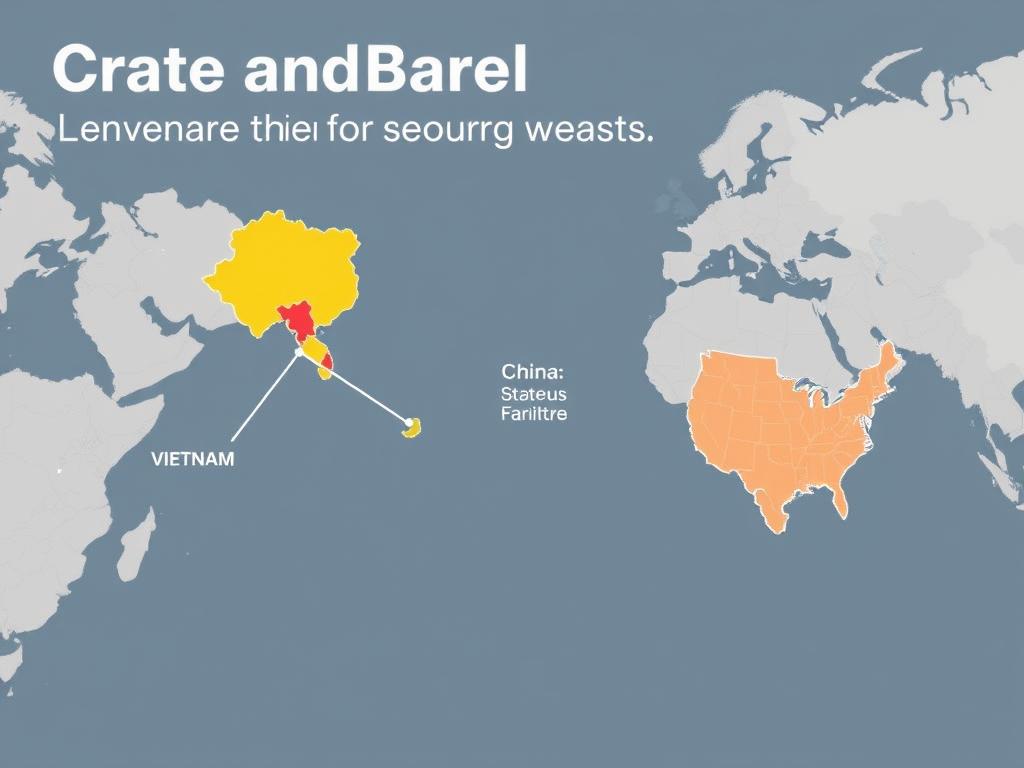 Kaart die de belangrijkste landen toont waar Crate and Barrel hun meubels vandaan haalt, waaronder Vietnam, India, China en de VS Kaart die de belangrijkste landen toont waar Crate and Barrel hun meubels vandaan haalt, waaronder Vietnam, India, China en de VS