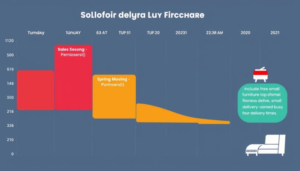 Kalender met gemarkeerde piekperiodes voor meubelleveringen en gemiddelde levertijd meubels Kalender met gemarkeerde piekperiodes voor meubelleveringen en gemiddelde levertijd meubels