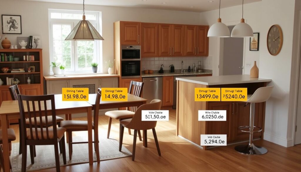 Keuken met verschillende prijsklassen van meubels aangegeven Keuken met verschillende prijsklassen van meubels aangegeven