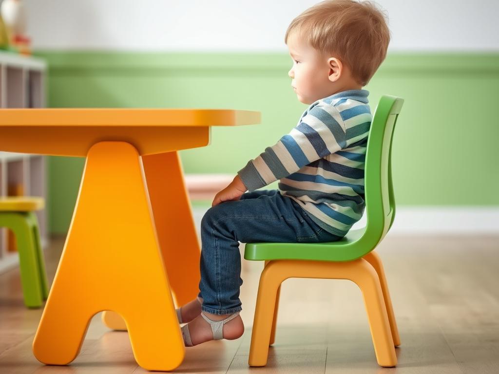Kind zit op een stoel met aangepaste zithoogte voor kinderen Kind zit op een stoel met aangepaste zithoogte voor kinderen