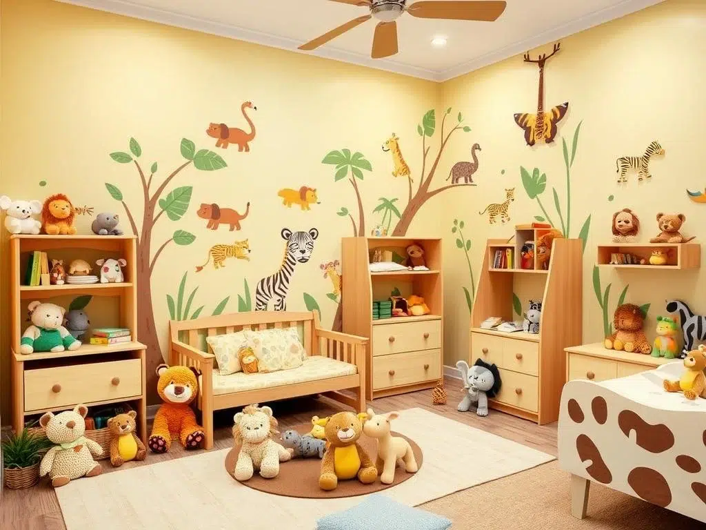 Kinderkamer met dierenthema met safari-elementen en zachte knuffels Kinderkamer met dierenthema met safari-elementen en zachte knuffels