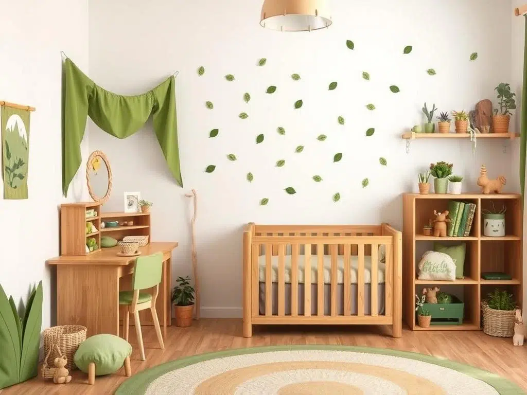 Kinderkamer met natuurthema met houten elementen en groene accenten Kinderkamer met natuurthema met houten elementen en groene accenten
