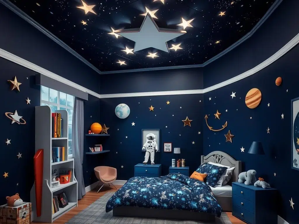 Kinderkamer met ruimtethema met sterrenhemel en planeten Kinderkamer met ruimtethema met sterrenhemel en planeten