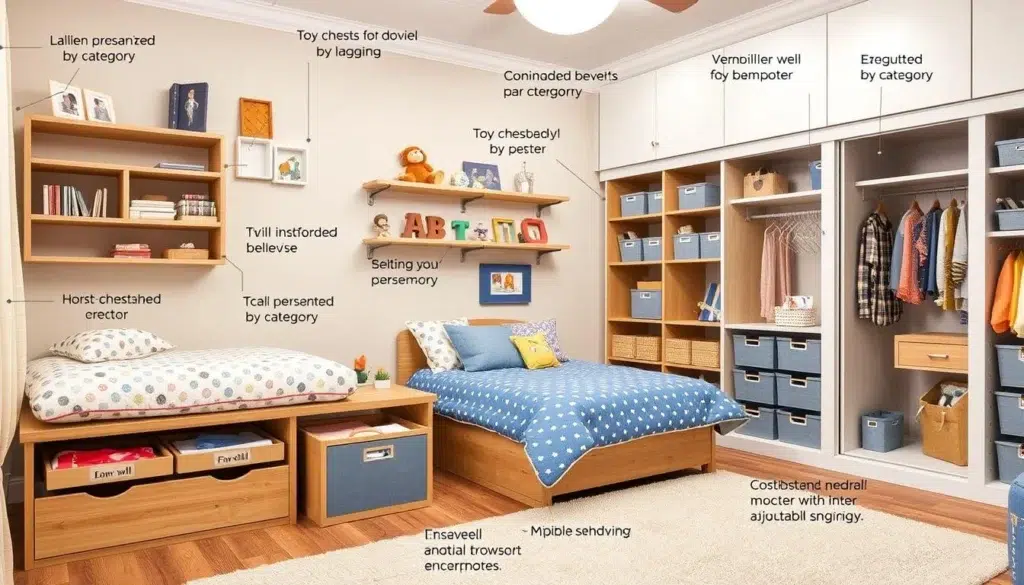 Kinderkamer met verschillende slimme opbergoplossingen geïntegreerd in het ontwerp Kinderkamer met verschillende slimme opbergoplossingen geïntegreerd in het ontwerp