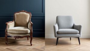 Klassieke Franse fauteuil naast moderne loungestoel