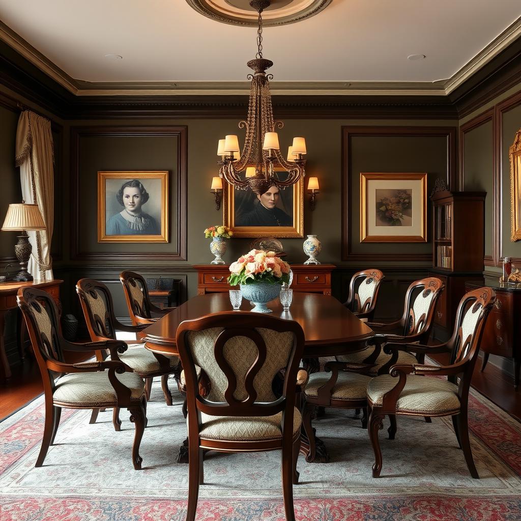 Klassieke eetkamer met elegante houten stoelen en stoffen zitting Klassieke eetkamer met elegante houten stoelen en stoffen zitting