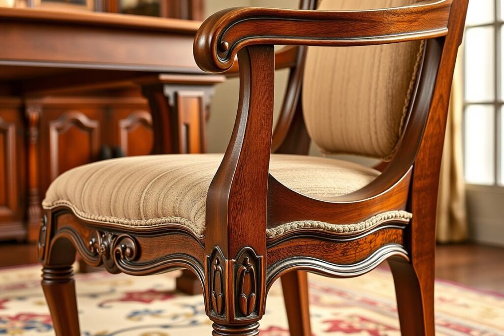 Klassieke eetkamerstoel walnoot hout met sierlijke details Klassieke eetkamerstoel walnoot hout met sierlijke details