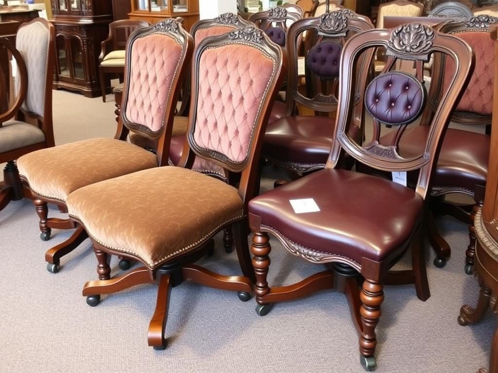 Klassieke eetkamerstoelen op wieltjes met rijke stoffering Klassieke eetkamerstoelen op wieltjes met rijke stoffering