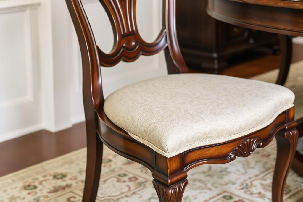 Klassieke houten eetkamerstoel met stoffen zitting Klassieke houten eetkamerstoel met stoffen zitting