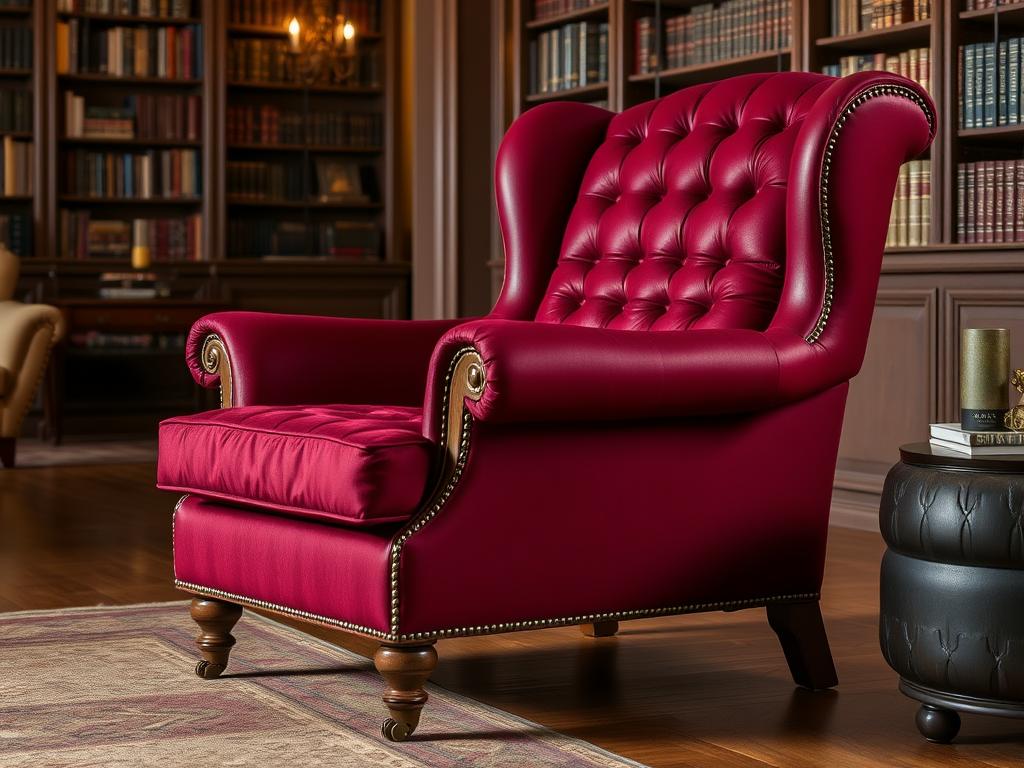 Klassieke loungestoel met rijke stoffering en houten details Klassieke loungestoel met rijke stoffering en houten details