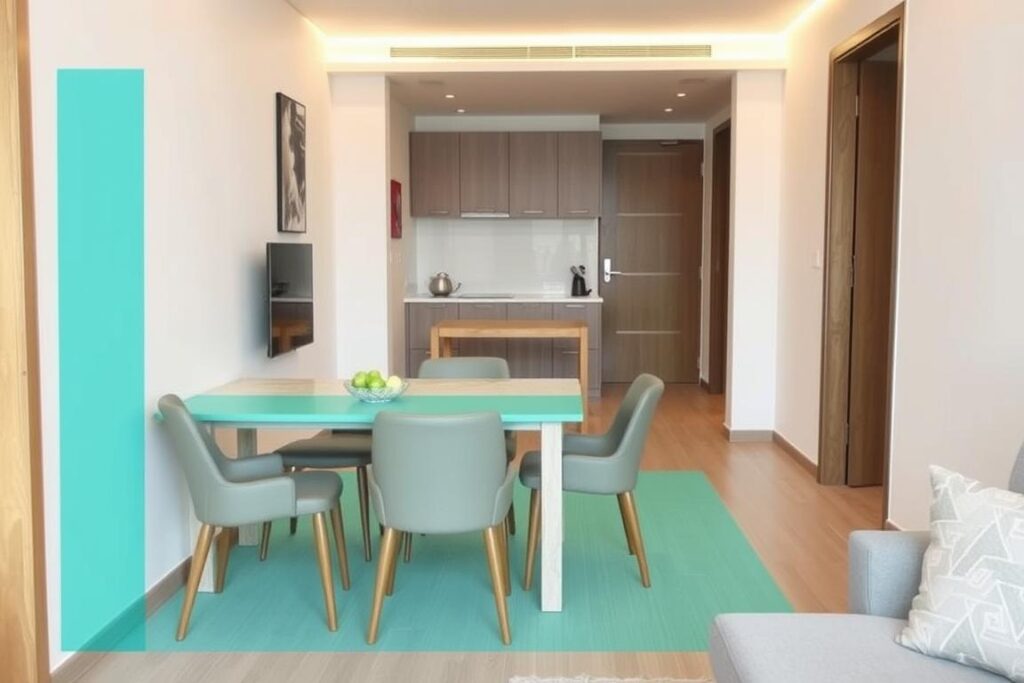 Kleine woonkamer met eettafel tegen de muur geplaatst om doorloopruimte te maximaliseren Kleine woonkamer met eettafel tegen de muur geplaatst om doorloopruimte te maximaliseren