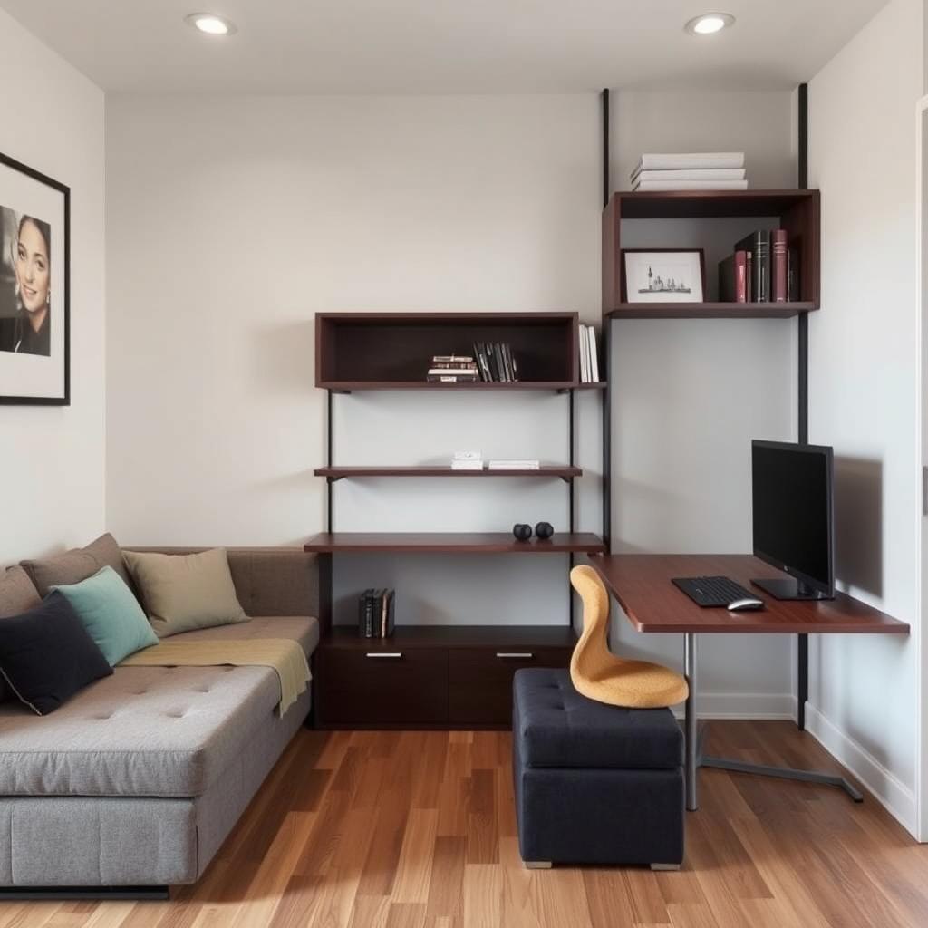Kleine woonkamer met multifunctionele meubels Kleine woonkamer met multifunctionele meubels